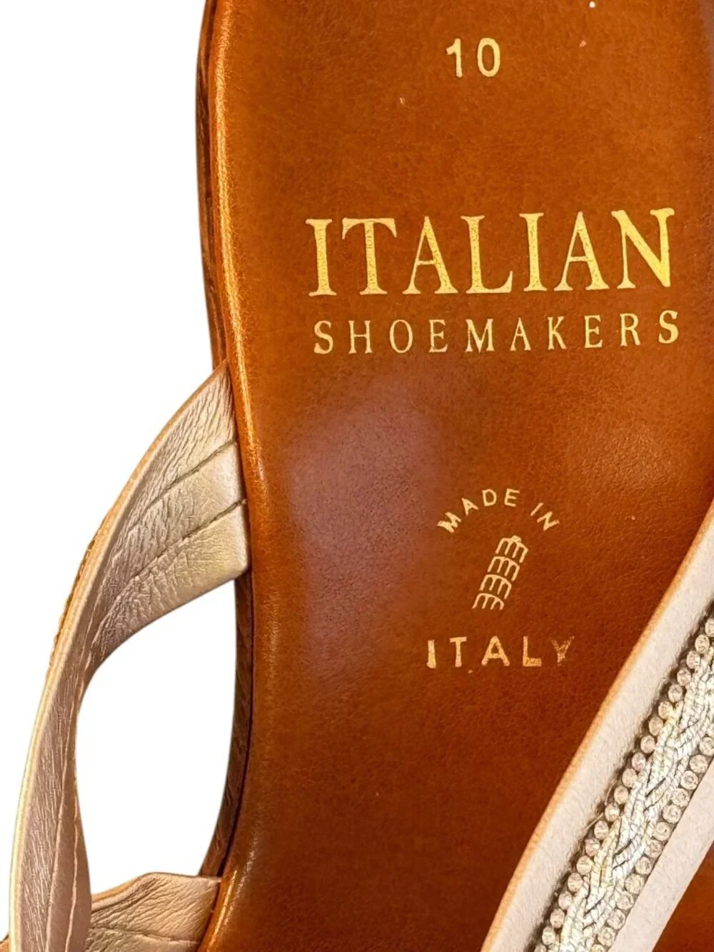 Italian Shoemakers Wedge Sandals have Gold Embellished Strap Design Thong 10